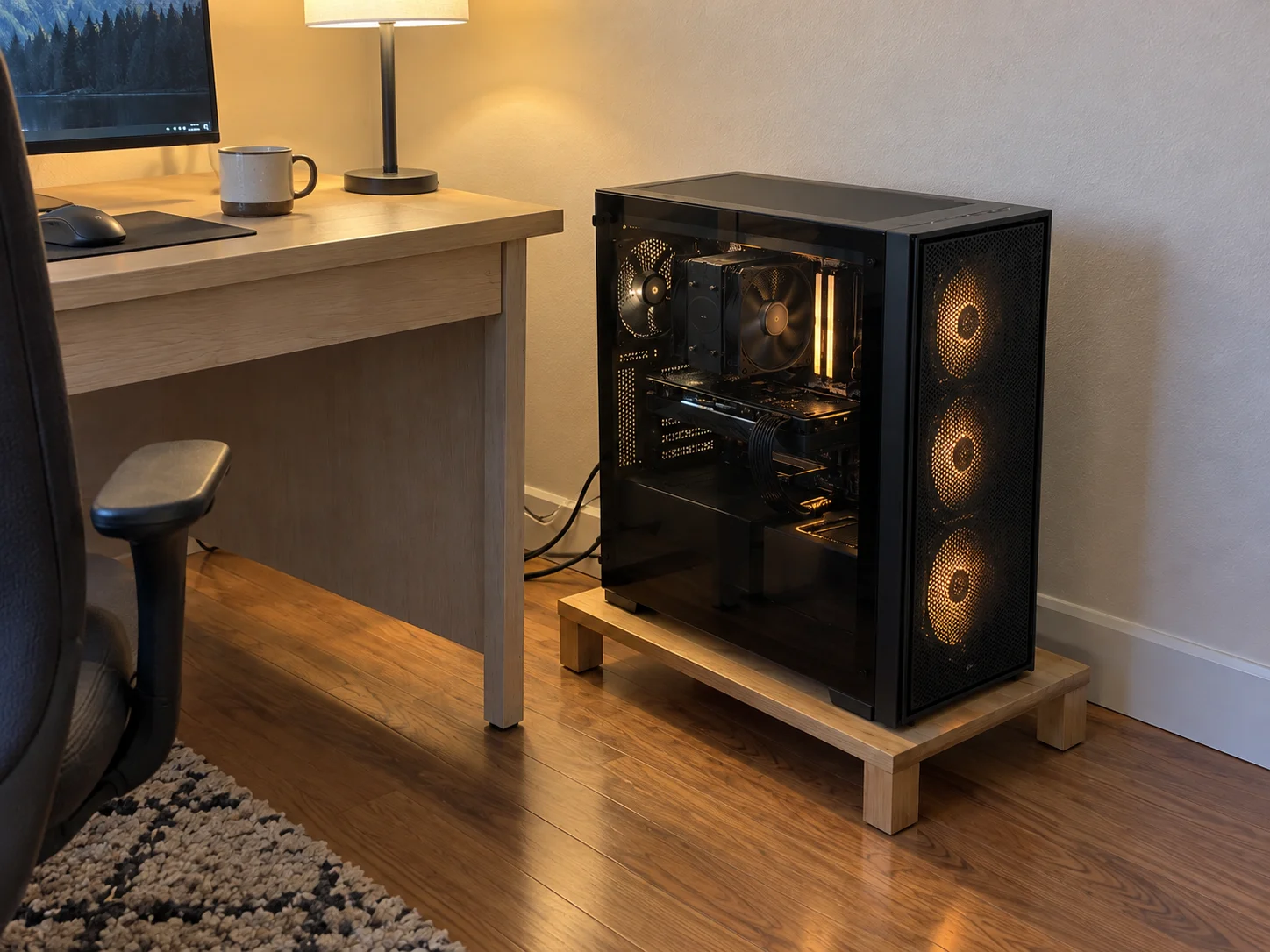 AI-generated tall black PC concept with amber-lit fans and dark side glass, on a low wood riser beside a pale wooden desk in a lamp-lit room