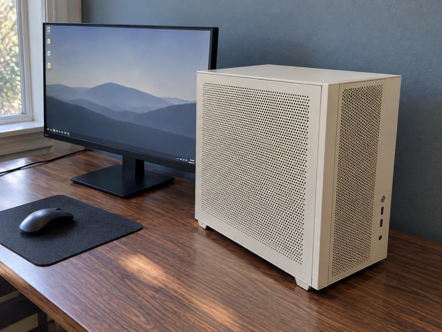 AI-generated cream PC concept with opaque perforated panels on a walnut desk by a daylight window and blue-gray wall