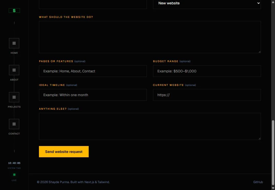 Actual screenshot of the website request form for project goals, budget, timeline, and notes