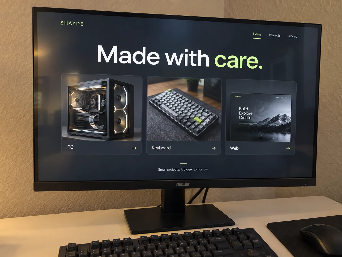 AI-generated home-desk monitor displaying a charcoal and lime maker portfolio concept with PC, keyboard, and web cards